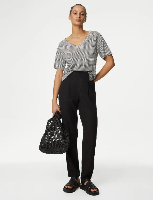 M&S Women's Linen Rich Tapered Trousers 