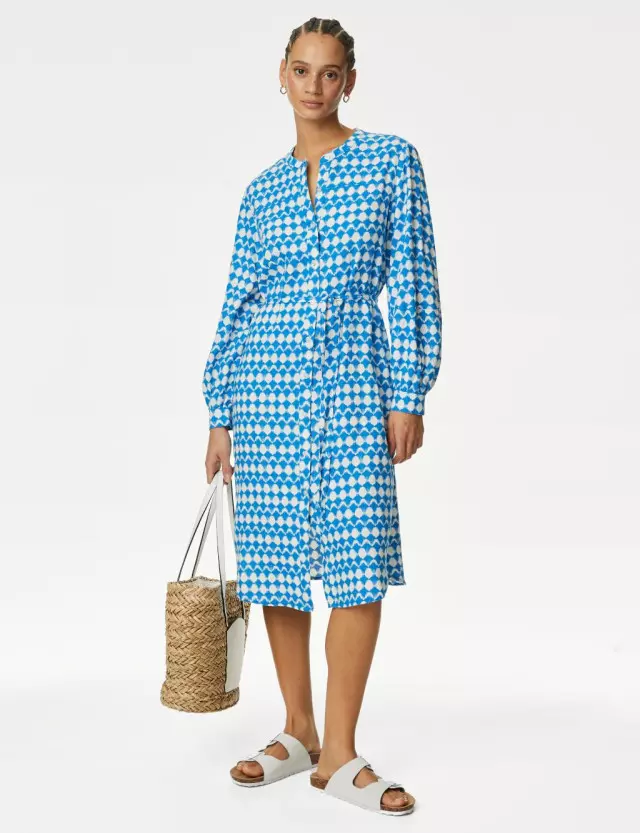 M&S Women's Linen Rich Printed Midi Shirt Dress 