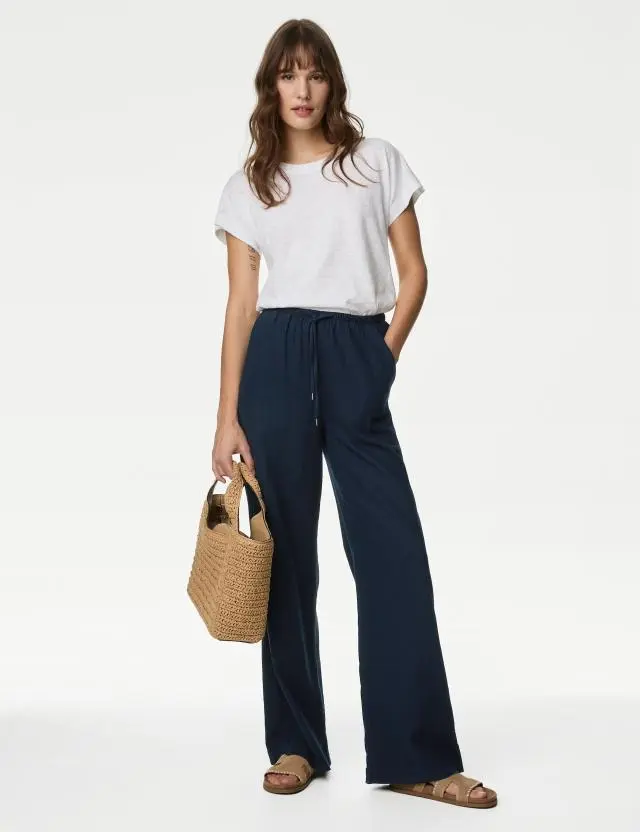 M&S Women's Linen Blend Wide Leg Trousers 