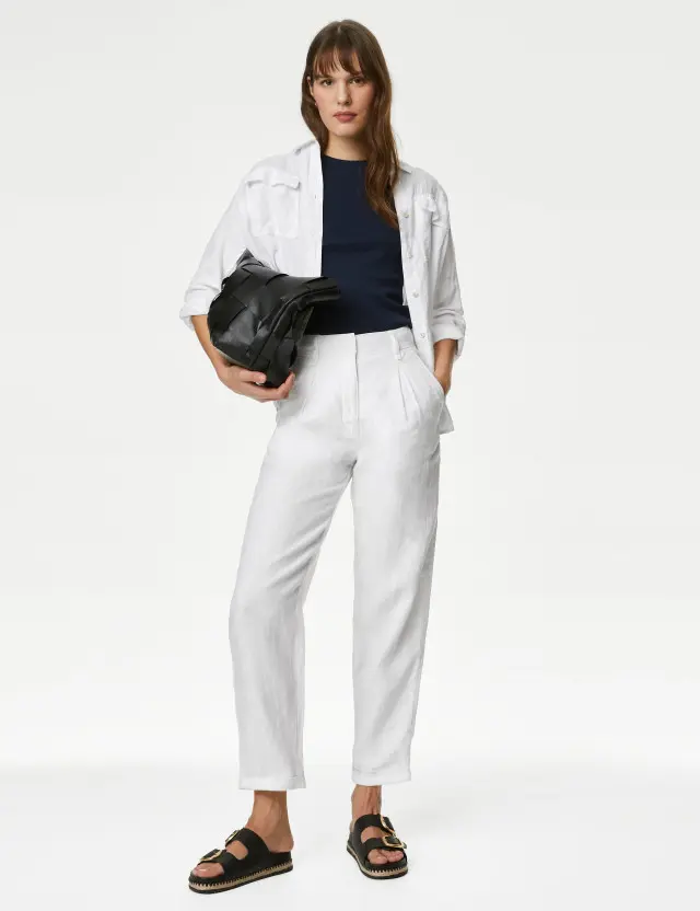 M&S Women's Pure Linen Tapered Trousers 