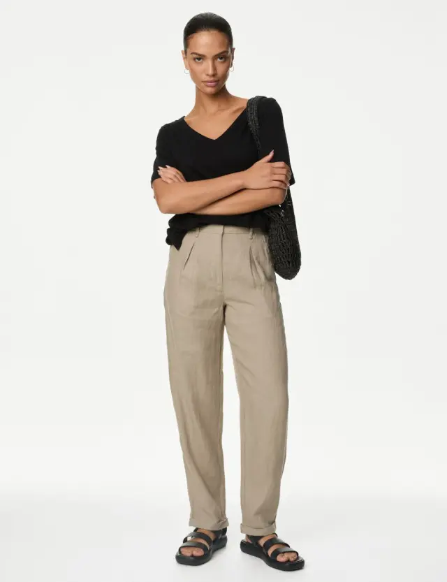 M&S Women's Pure Linen Tapered Trousers 