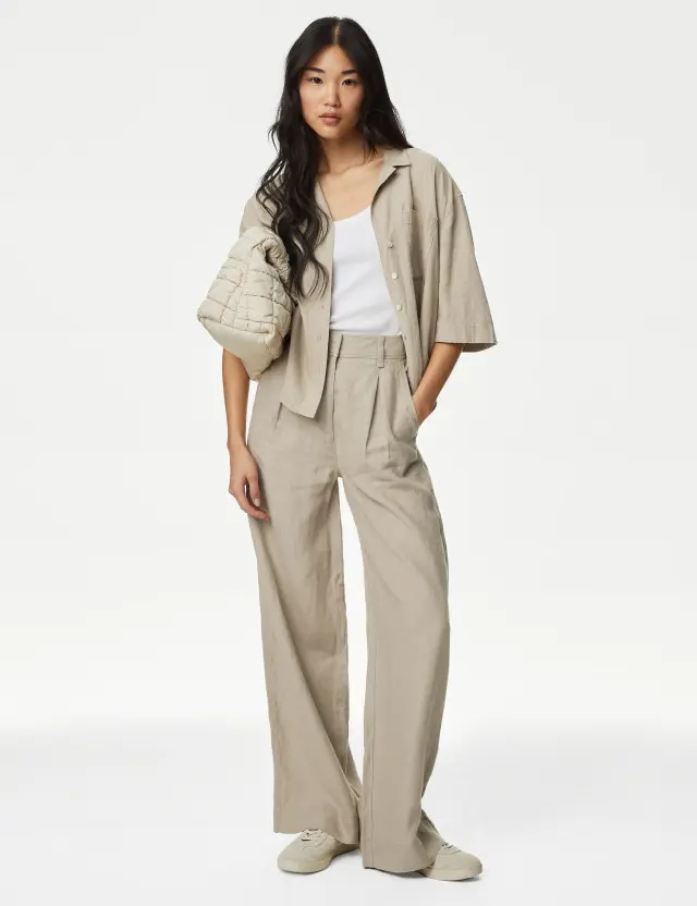 M&S Women's Pure Linen Wide Leg Trousers 