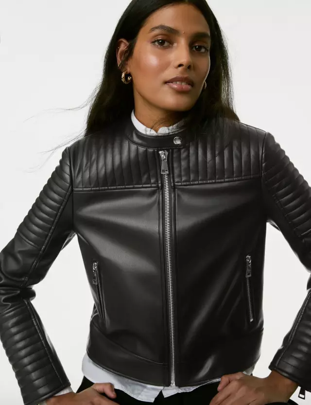 M&S Women's Faux Leather Quilted Moto Jacket 