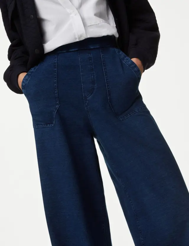 M&S Women's Denim Elasticated Waist Wide Leg Trousers 