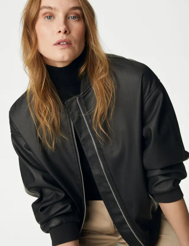 M&S Women's Faux Leather Relaxed Bomber Jacket 