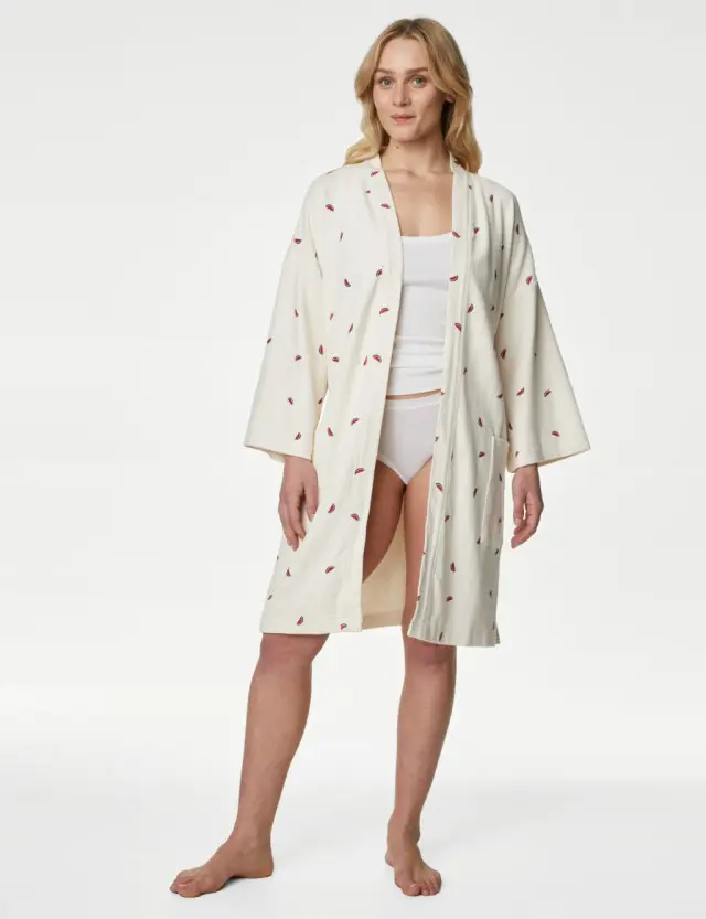 M&S Women's Pure Cotton Waffle Printed Dressing Gown 