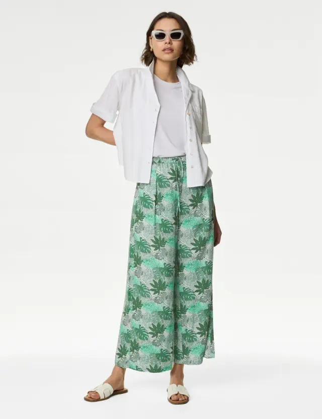 M&S Women's Printed Wide Leg Cropped Trousers 
