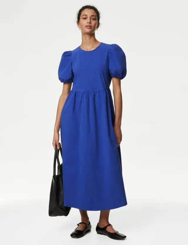 M&S Women's Cotton Rich Puff Sleeve Midi Column Dress 