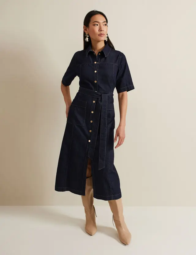 Phase Eight Women's Denim Tie Waist Midi Shirt Dress 