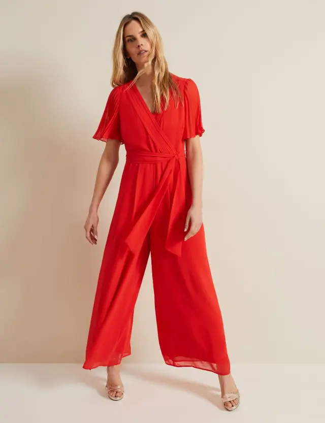 Phase Eight Women's Belted Pleated Short Sleeve Wrap Jumpsuit 