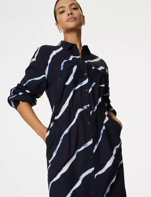 M&S Women's Pure Cotton Printed Tie Detail Midi Shirt Dress 