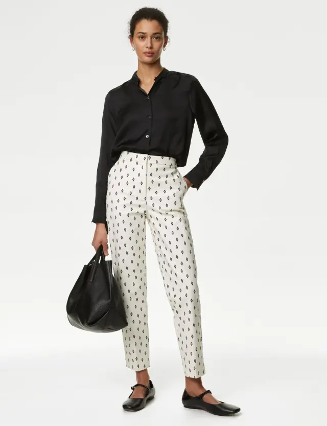M&S Women's Cotton Rich Geometric Slim Fit Ankle Grazer Trousers 