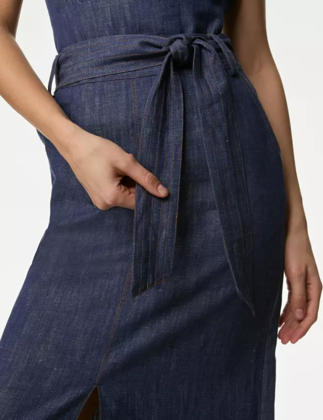 M&S Women's Denim Belted Midi Circle Skirt 