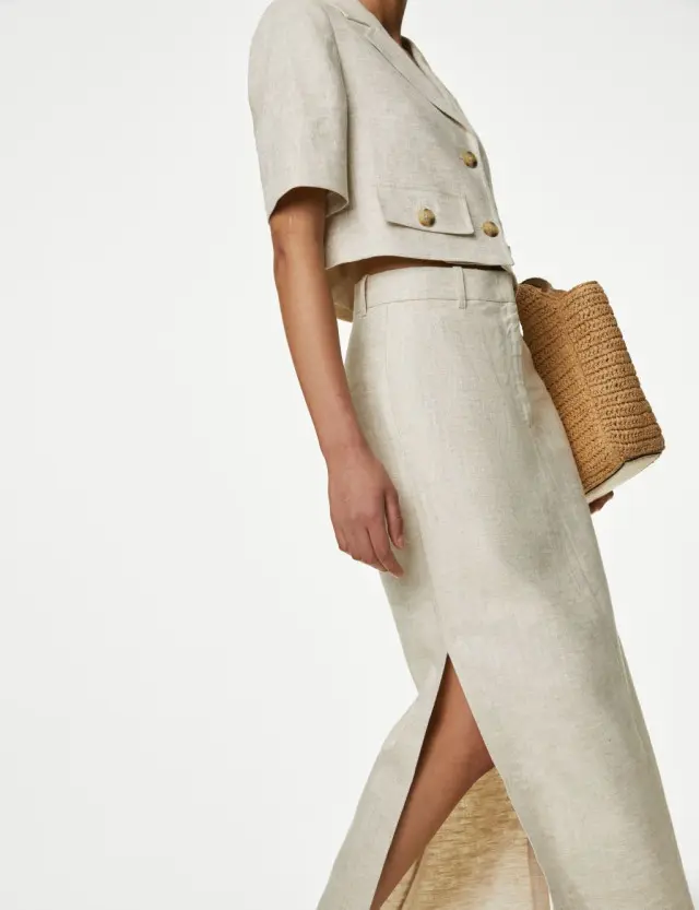 M&S Women's Linen Blend Side Split Maxi Column Skirt 