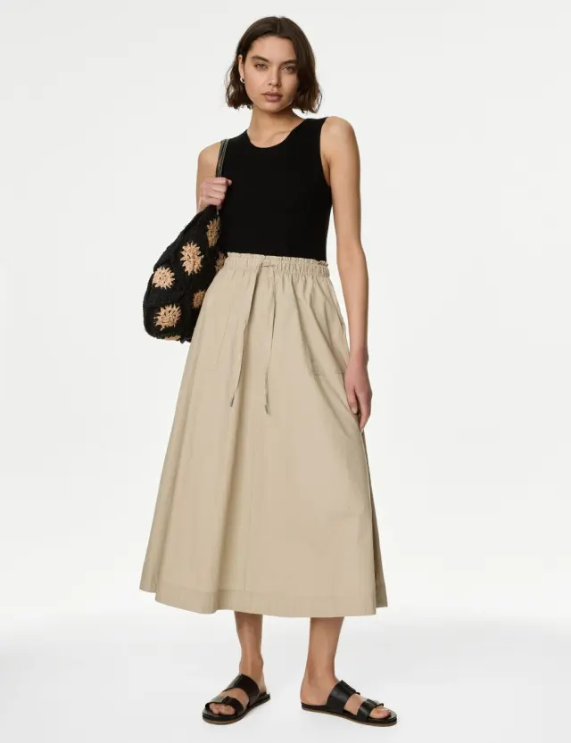 M&S Women's Pure Cotton Midi Utility Circle Skirt 