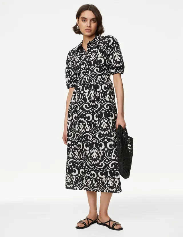 M&S Women's Pure Cotton Printed Midi Shirt Dress 