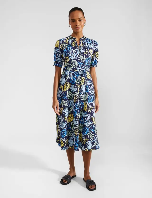 Hobbs Women's Cotton Rich Shell Print Midi Waisted Dress 