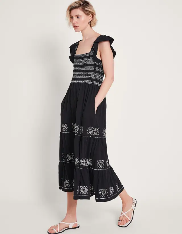 Emi Square Neck Embroidered Midi Dress Black