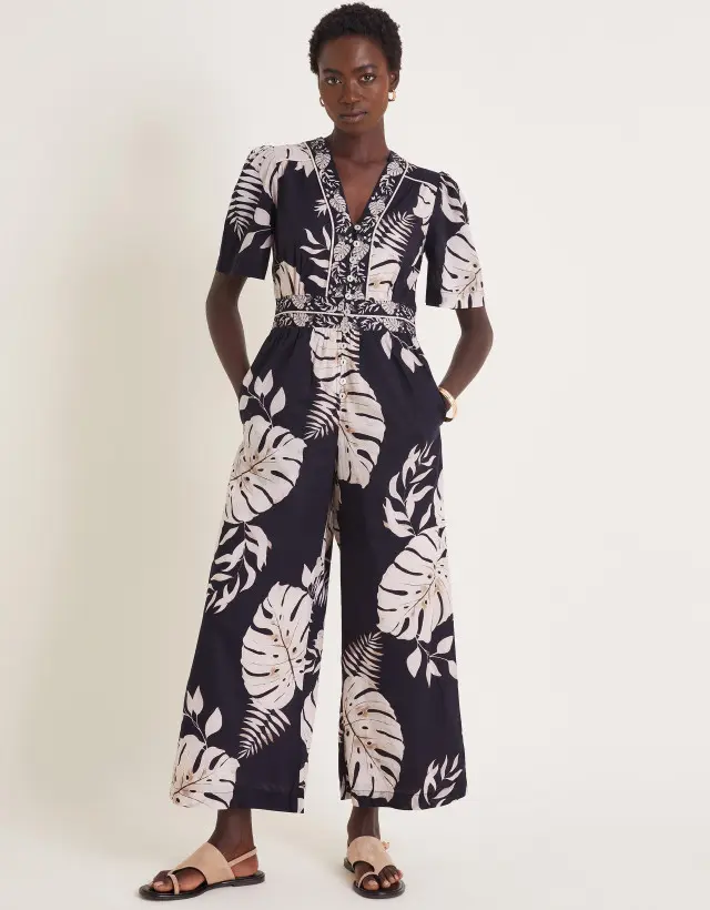 Petra Palm Print Jumpsuit Black