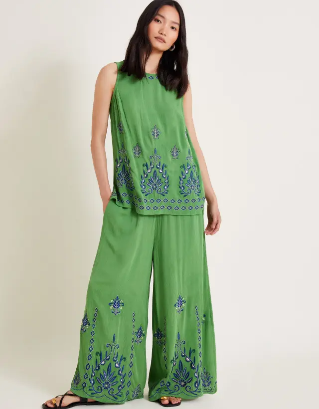 Saffron Embroidered Wide Leg Trousers Green