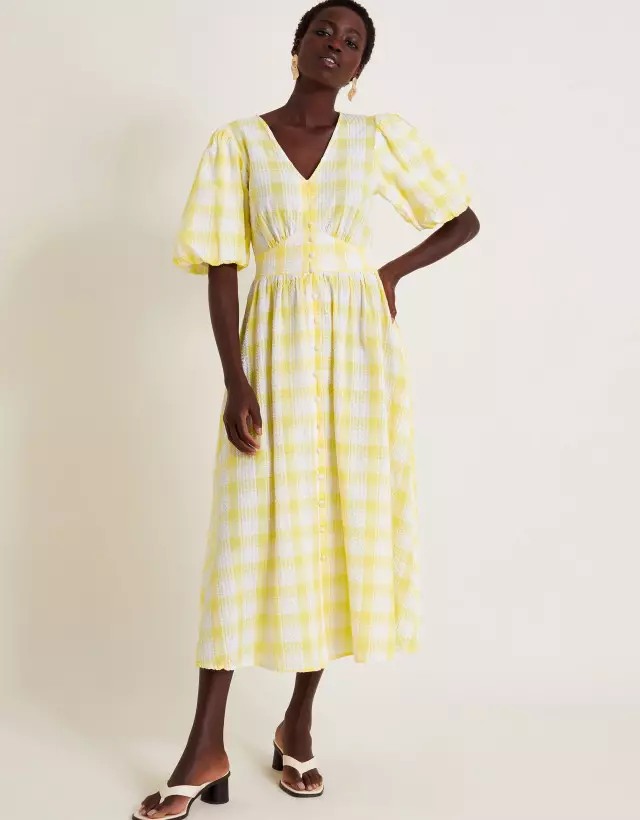 Zola Gingham Short Sleeve Midi Dress Yellow