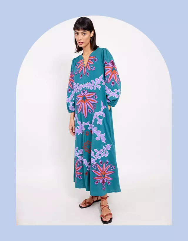 East Taylor Embroidered Dress Teal