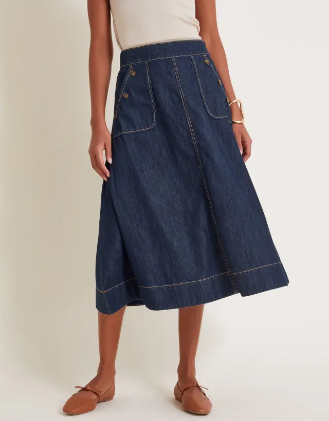 Harper A-Line Denim Midi Skirt Blue