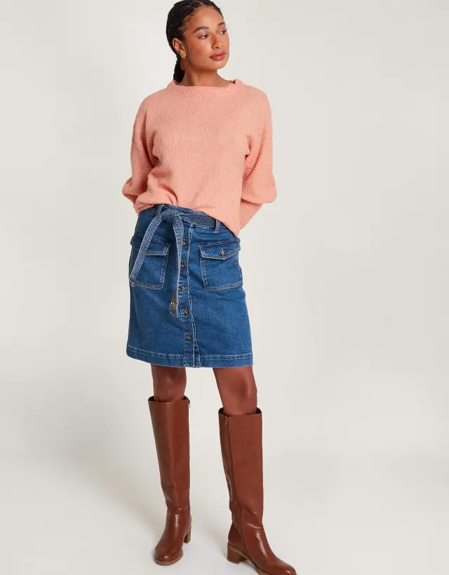 Denim Button Through Belted Skirt Blue