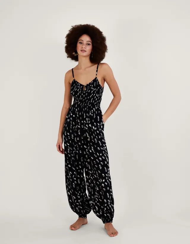 Batik Print Shirred Jumpsuit Black