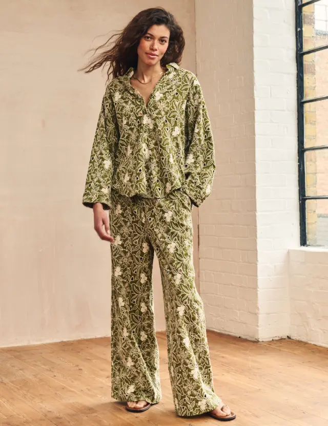 Green Linen-blend Floral Broderie Trousers
