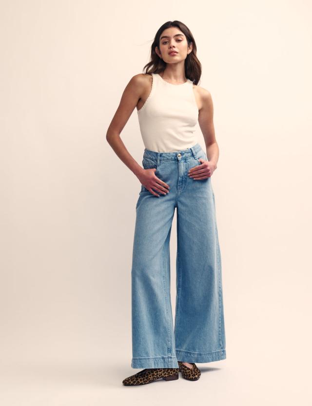 Mid Wash Blue Denim Super Wide Leg Jeans