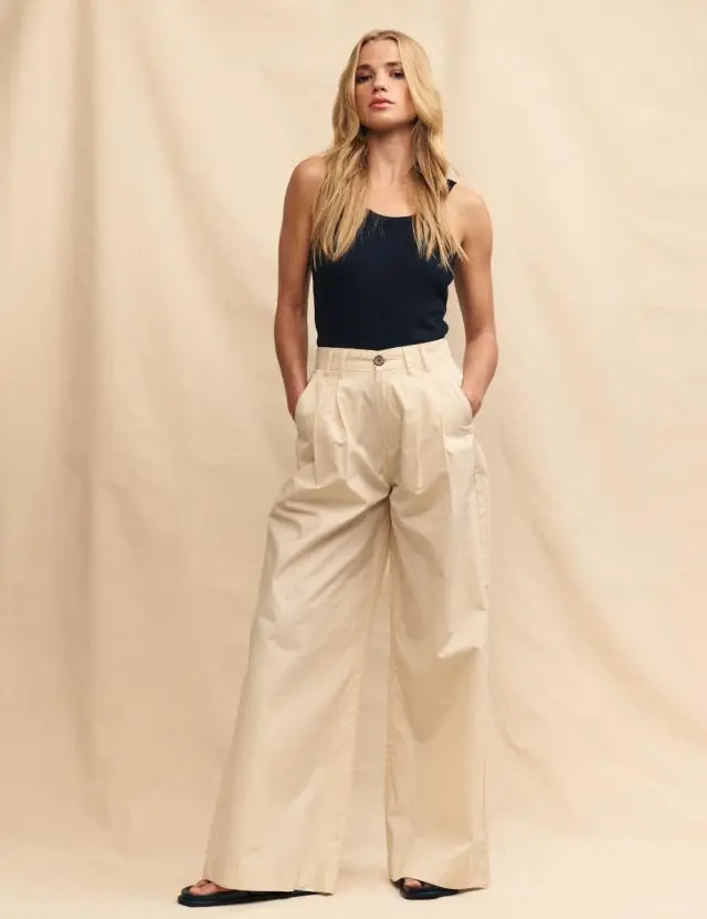 Beige Pleated Wide Leg Ava Trousers