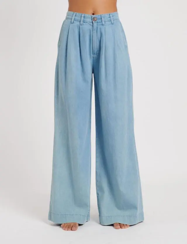 Mid Wash Blue Denim Double Pleated Wide Leg Ava Trousers