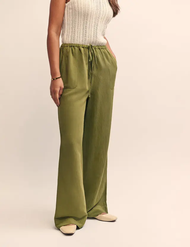 Olive Green Linen-blend Drawstring Trousers