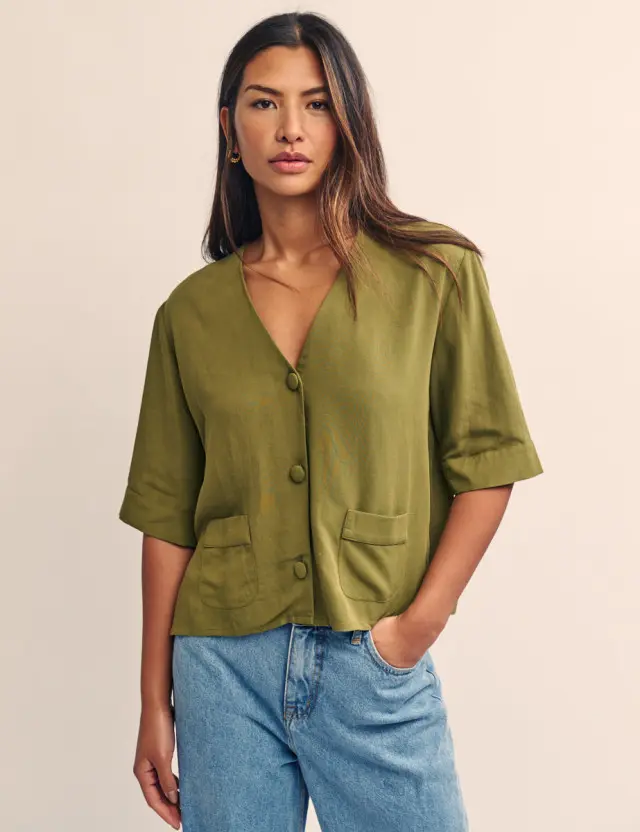 Olive Green Linen-blend Short Sleeve Shirt