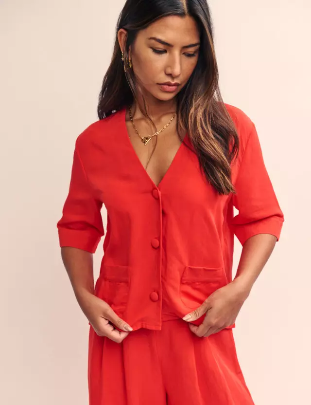 Red Linen-blend Short Sleeve Shirt