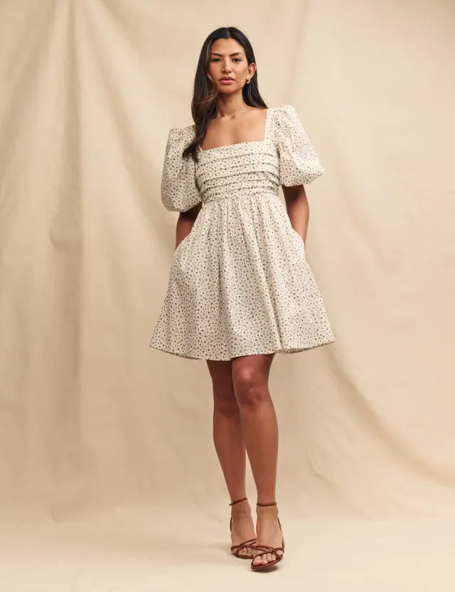 Cream Ditsy Floral Puff Sleeve Nova Mini Dress