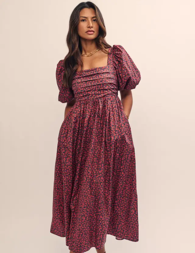 Red Rose Print Nova Midi Smock Dress