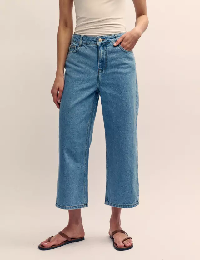 Mid Wash Denim Cropped Wide Leg Jeans