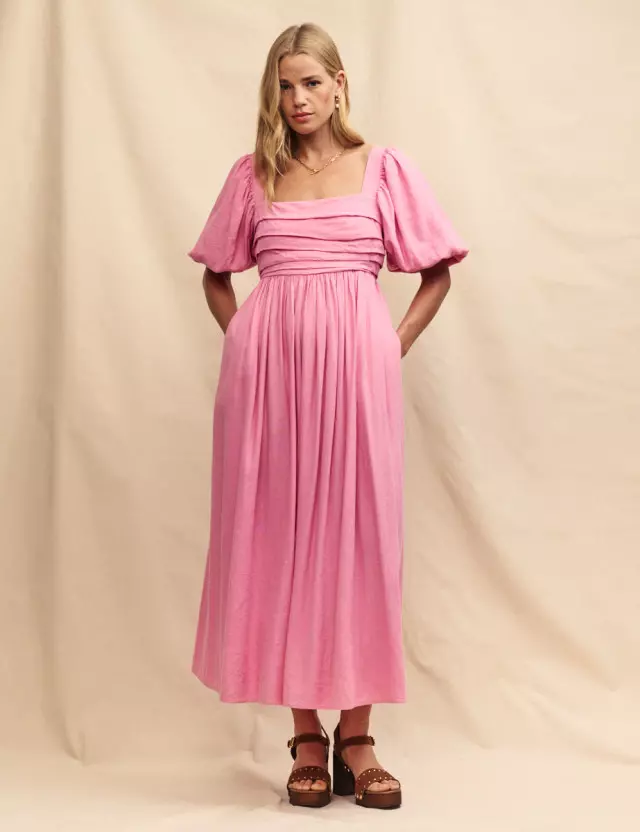 Pink Linen-Blend Nova Midi Smock Dress