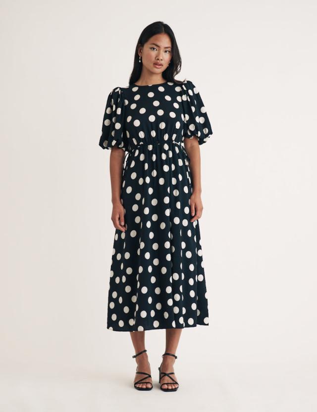 Black Polka Dot Puff Sleeve Thora Midi Dress