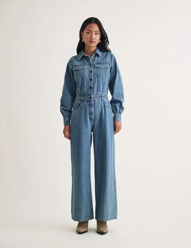 Light Wash Long Sleeve Denim Jumpsuit