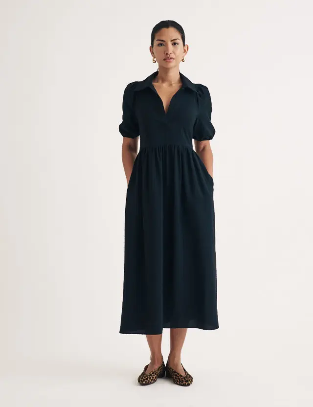 Black Open Collar Hebe Midi Dress