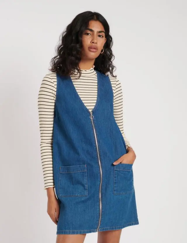 Denim Zip Through Dresden Mini Pinafore Dress