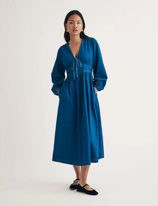 Denim Balloon Sleeve Astra Midi Dress