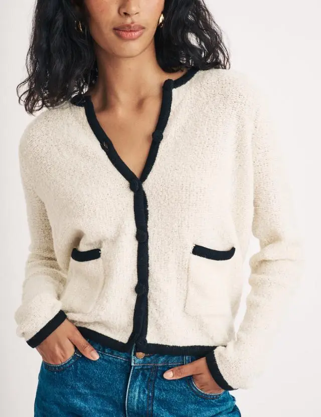 Cream Contrast Trim Boucle Wool Blend Knitted Cardigan