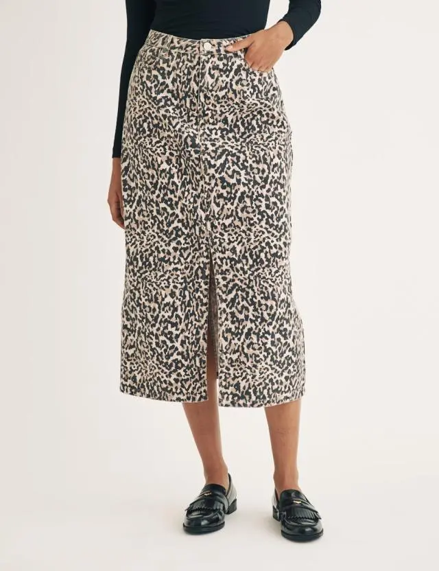 Leopard Print Denim Column Midi Skirt