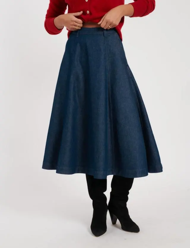 Dark Wash Denim A-line Midi Skirt