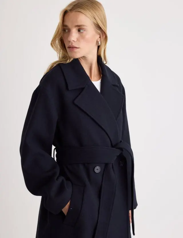 Oversized Navy Belted Wool Blend Coat