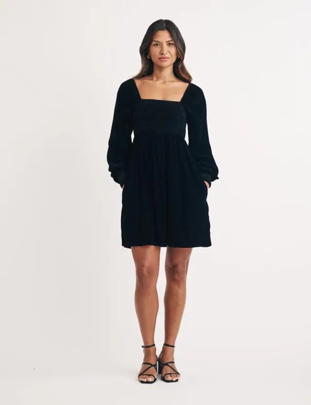 Black Velvet Shirred Kylie Mini Dress